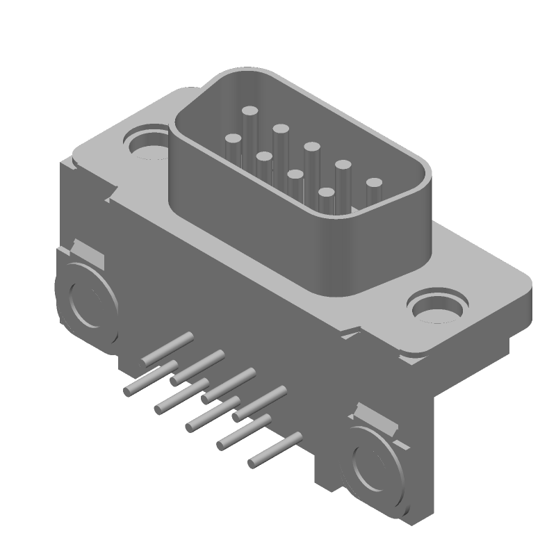 9 Pos D-Sub RA Plug, Male, Solder, Gold/Tin Contacts
