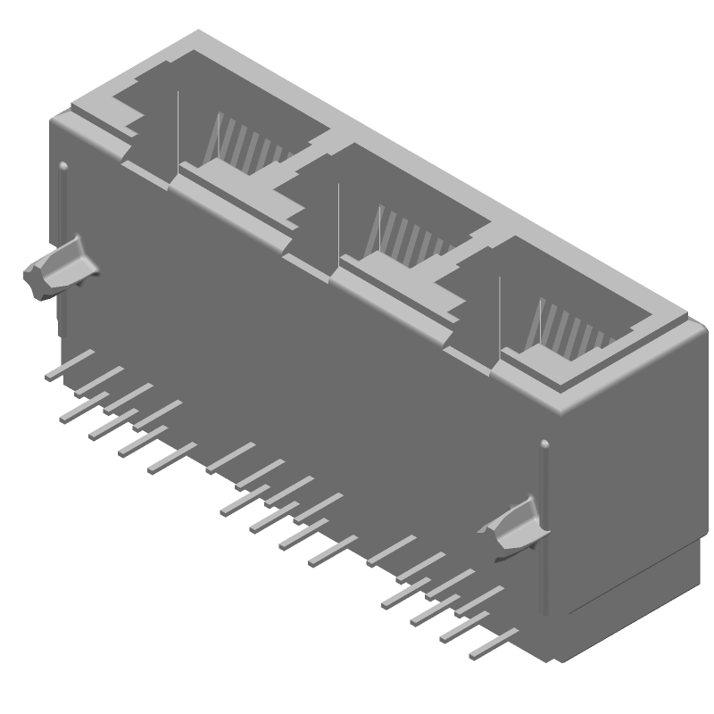 RJ11 Connector, 8 Pos, Solder, RA, 3 Port, Cat 5e
