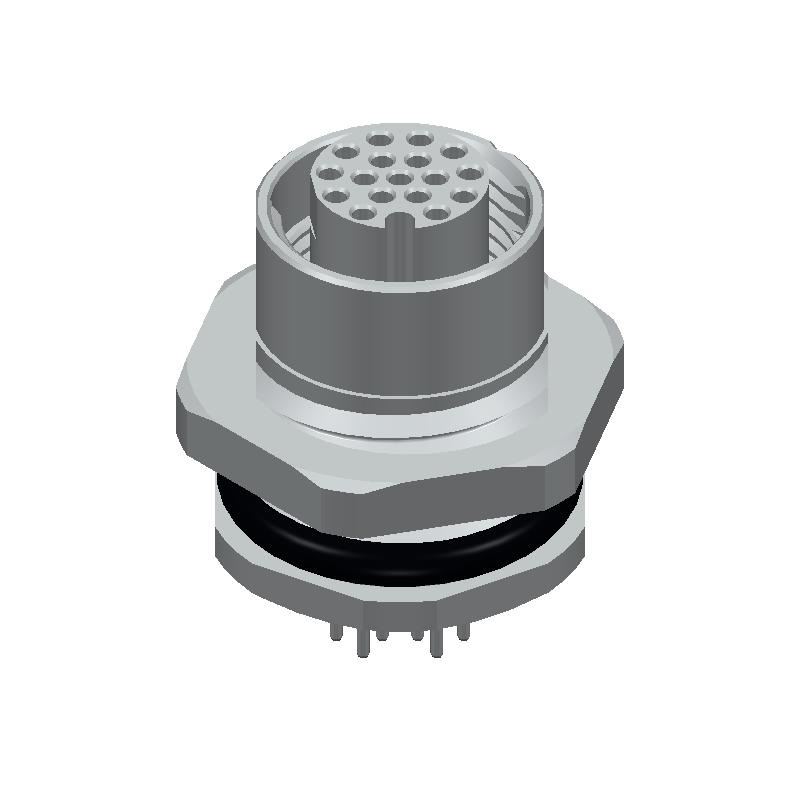 Sensor/actuator flush-type socket, 17-pos. with shroud, A-coded, with straight THR solder connection, contact insert only