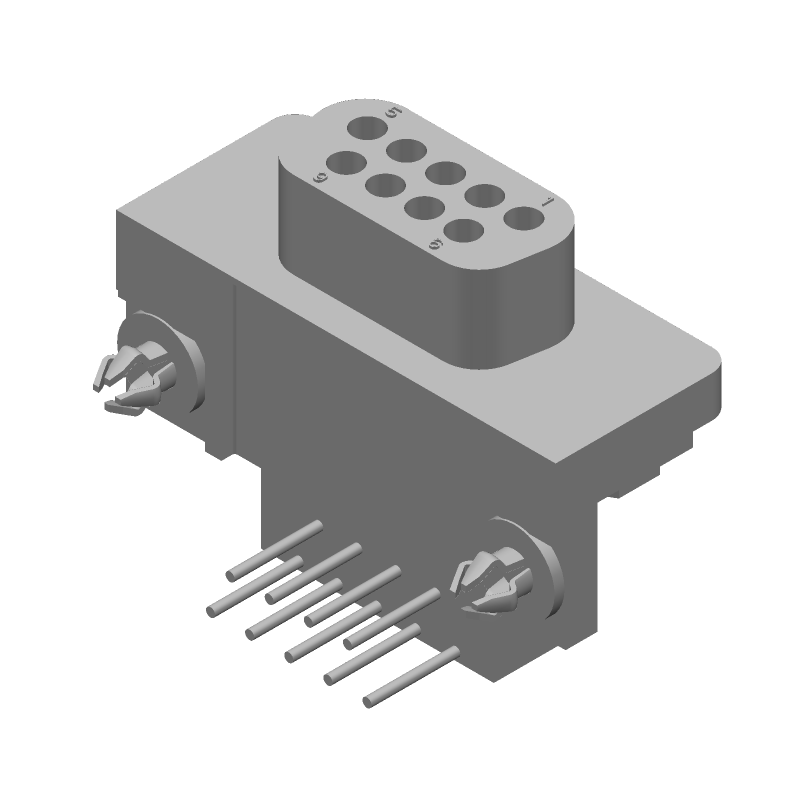 9 Pos D-Sub Connector, Female, RA, Solder, Gold/Tin/Lead Plated