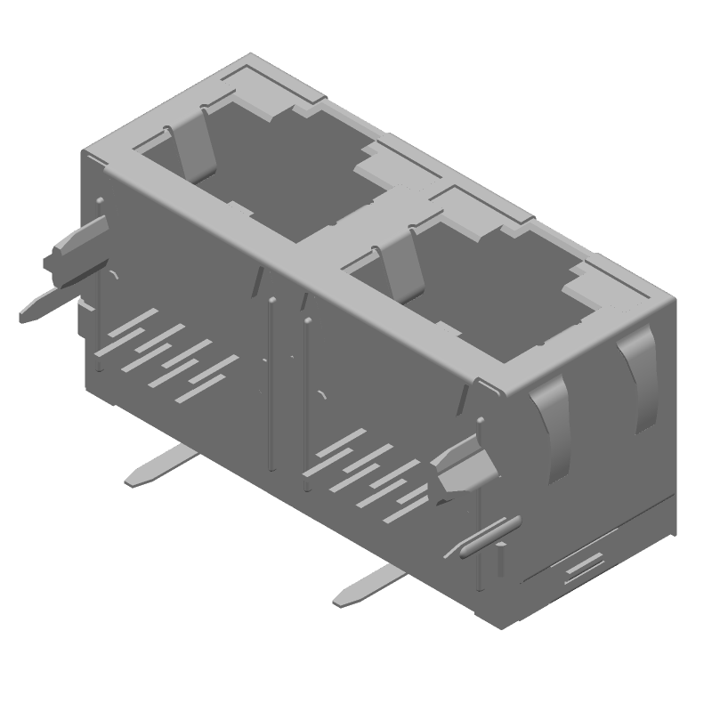 RJ45 Connector, 2 Port, 16 Pos, Shielded, Right Angle, Solder