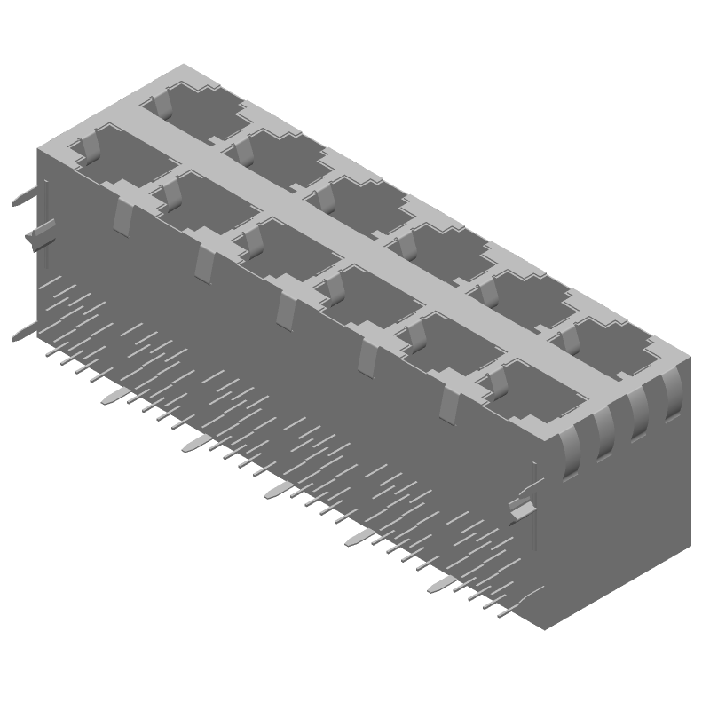 RJ45 Connector, 12 Port, 96 Pos, Shielded, Right Angle, Solder