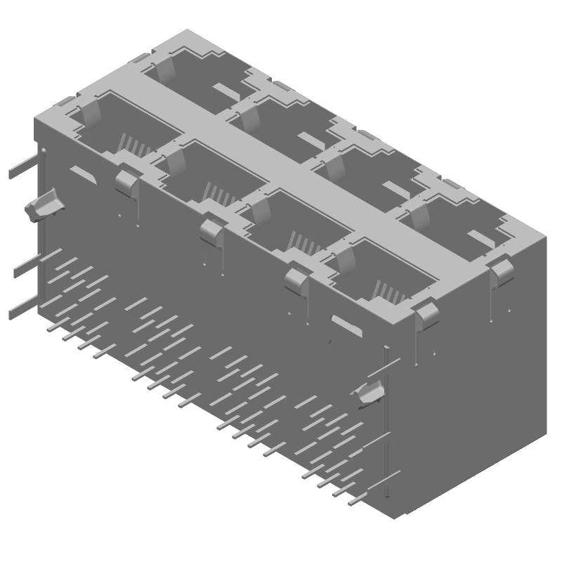 RJ11 Connector, 64 Pos, 8 Port, Shielded, Right Angle, Solder