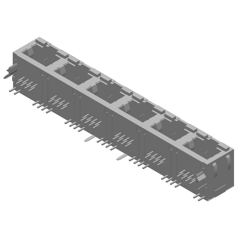 RJ11 Connector, 6 Port, 48 Pos, Shielded, RA, Solder, Thru-Hole