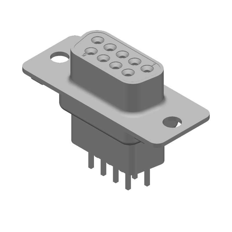 9-Pos Female D-Sub Connector, Straight, Through Hole, Gold/Tin Plating