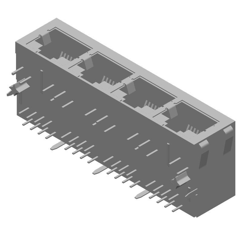 RJ45 Connector, 4 Port, 32 Pos, Shielded, RA, Thru-Hole, Solder