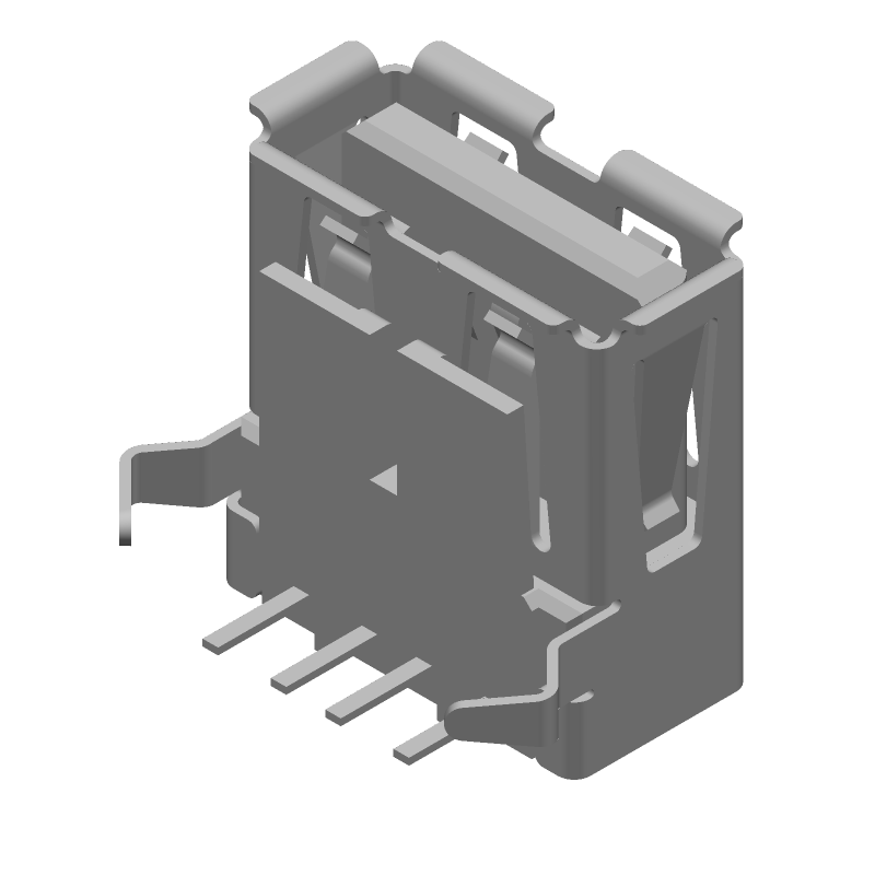USB 2.0 Type A Receptacle, 4 Pos, 2.5mm Pitch, RA Thru-Hole