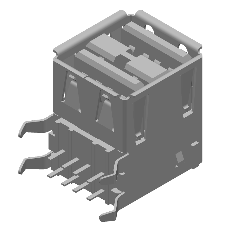 USB Receptacle, 2-Port, 8 Pos, Right Angle, Thru-Hole
