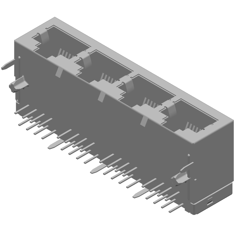 RJ11 Connector, 4 Port, 32 Pos, RA, Solder, Shielded, 150V