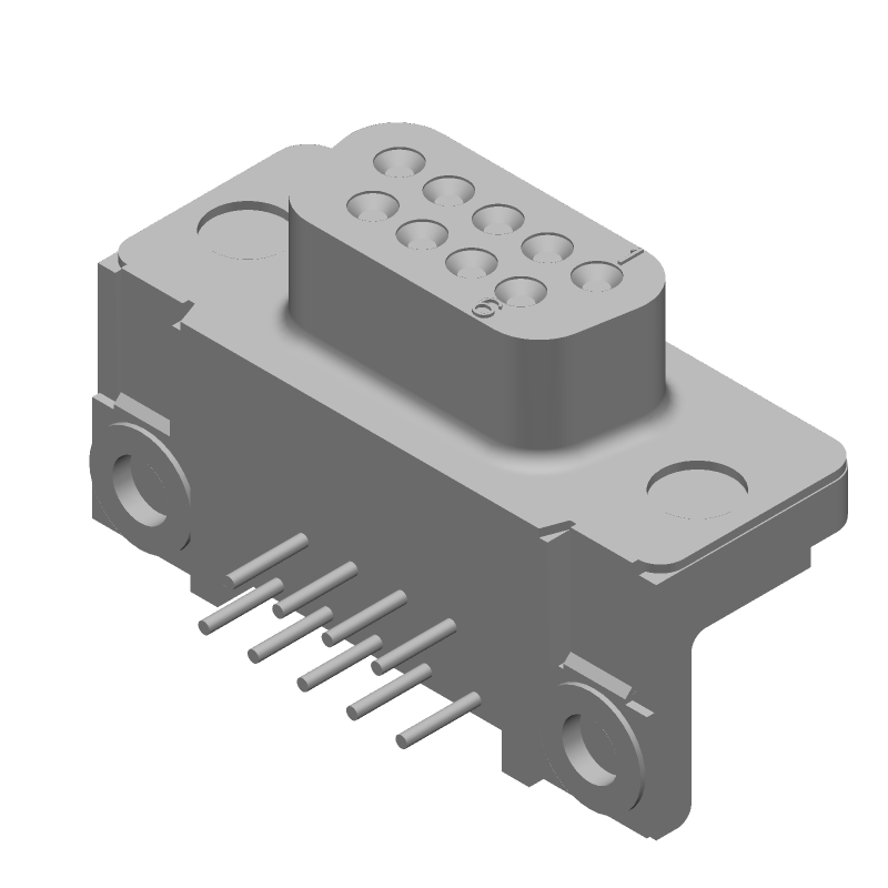 9 Pos Female D-Sub RA Connector, Metal Shell, Gold/Tin Contacts