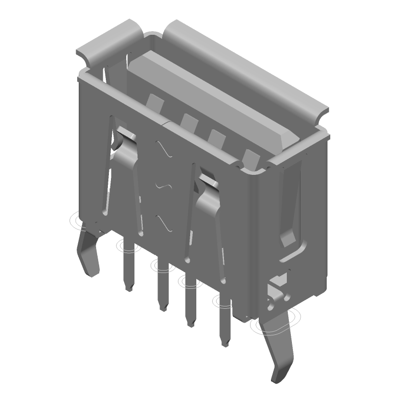 USB 2.0 Type A Female Connector, Vertical, Solder, 4 Pos