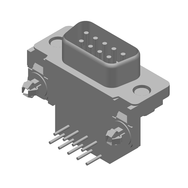 9 Pos D-Sub Connector, Male, RA, Gold/Tin, Metal, 125V