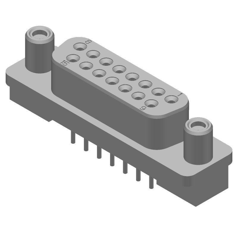 15 Pos D-Sub Connector, Female, Vertical, Solder, 125V