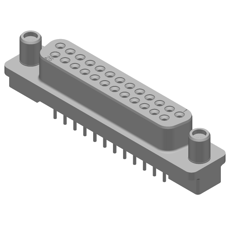 HD-20 D-Sub Connector, 25 Pos, Female, Vertical, Through Hole, Gold/Tin