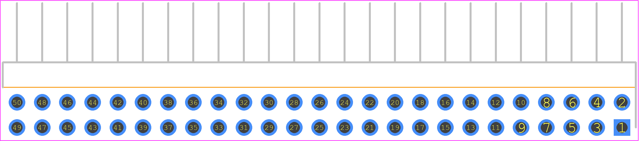 2213R-50G - Multicomp Pro PCB footprint - Header, Unshrouded - Right Angle PTH Pin - Header, Unshrouded - Right Angle PTH Pin - 2213R-50G