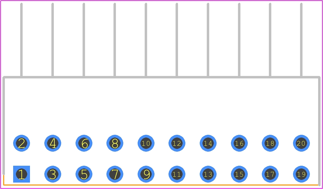 A1-20PA-2.54DS(71) - Hirose PCB footprint - Header, Unshrouded - Right Angle PTH Pin - Header, Unshrouded - Right Angle PTH Pin - A1-20PA-2.54DS(71)