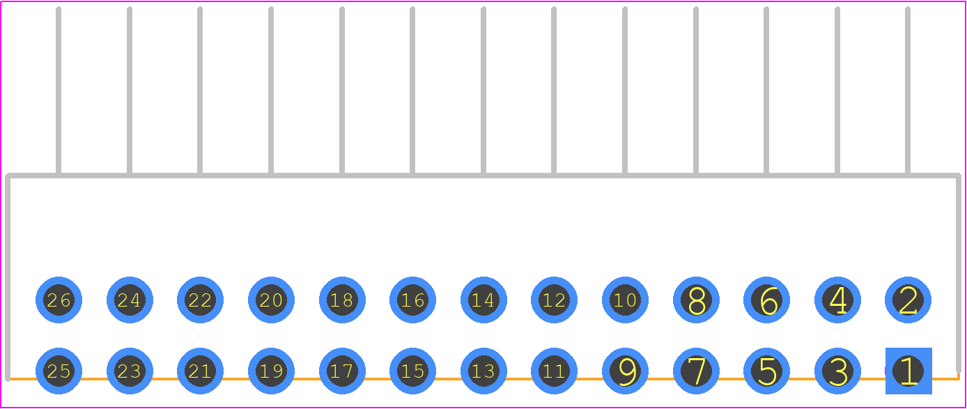 PS-26PE-D4LT1-PN1 - JAE PCB footprint - Header, Unshrouded - Right Angle PTH Pin - Header, Unshrouded - Right Angle PTH Pin - PS-26PE-D4LT1-PN1